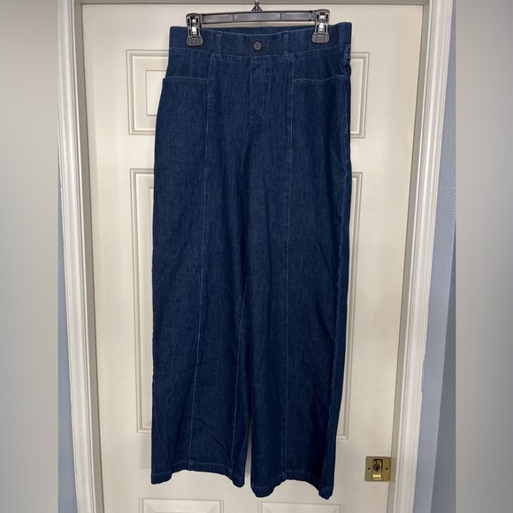 Betabrand Denim - Betabrand Wide Leg Front Seam Pull On Stretch Blue Jeans